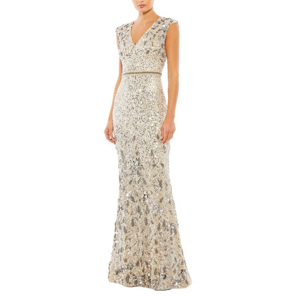 Mac Duggal Womens Beaded V Neck Cap Sleeve Column Gown